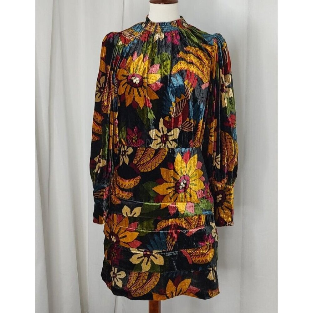 FARM Rio Macaw Ballet Velvet Mini Dress S Long Sleeve Party Floral High Neck - Picture 5 of 15